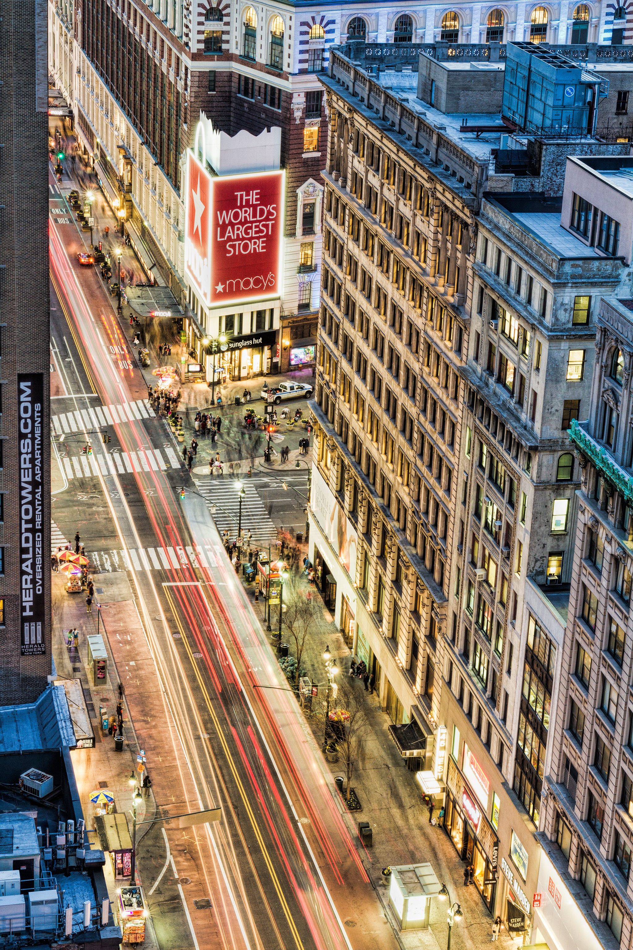 34th Street where it crosses Broadway and Sixth Avenue in Manhattan.  I used a long exposure to capture those light trails.